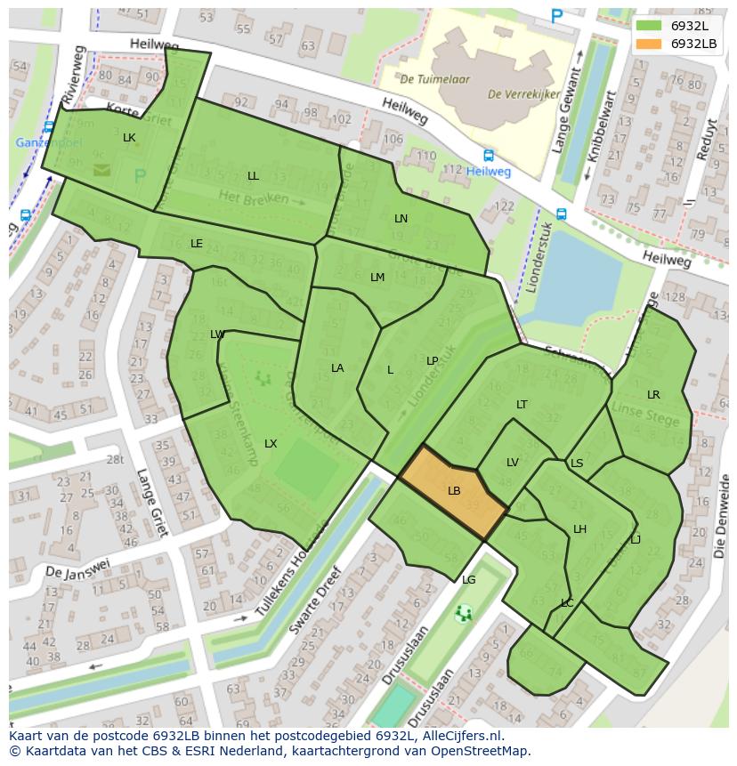 Afbeelding van het postcodegebied 6932 LB op de kaart.