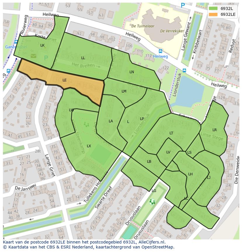Afbeelding van het postcodegebied 6932 LE op de kaart.