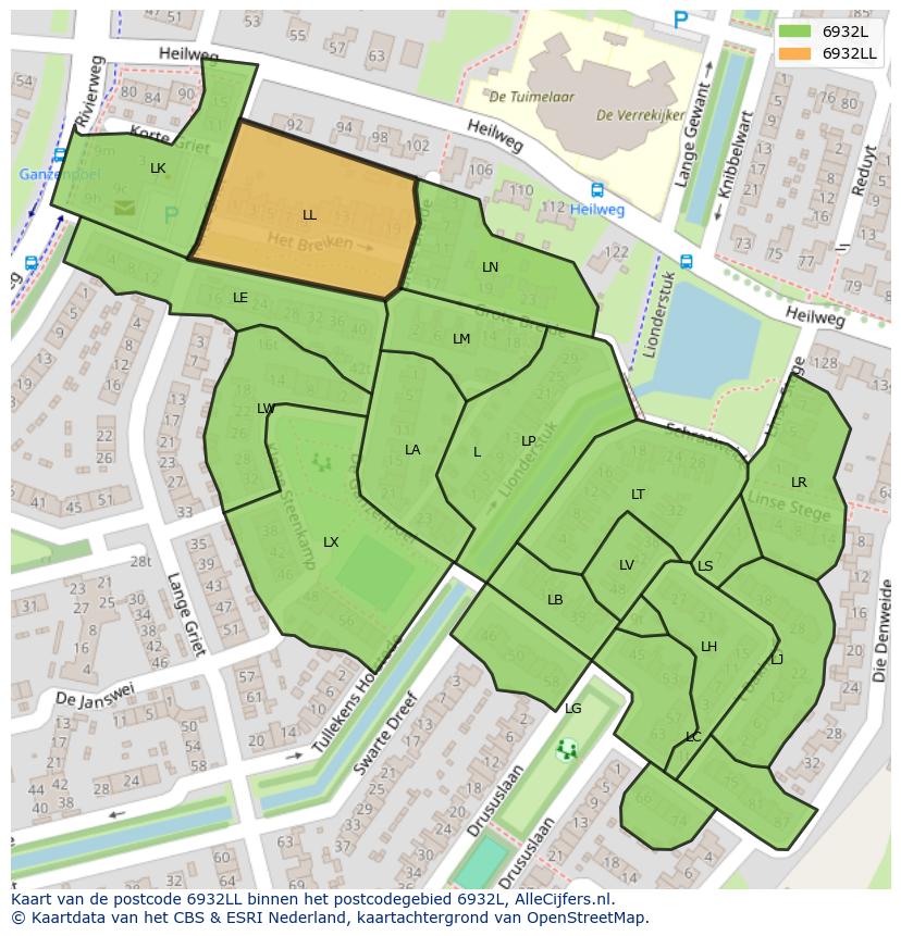 Afbeelding van het postcodegebied 6932 LL op de kaart.