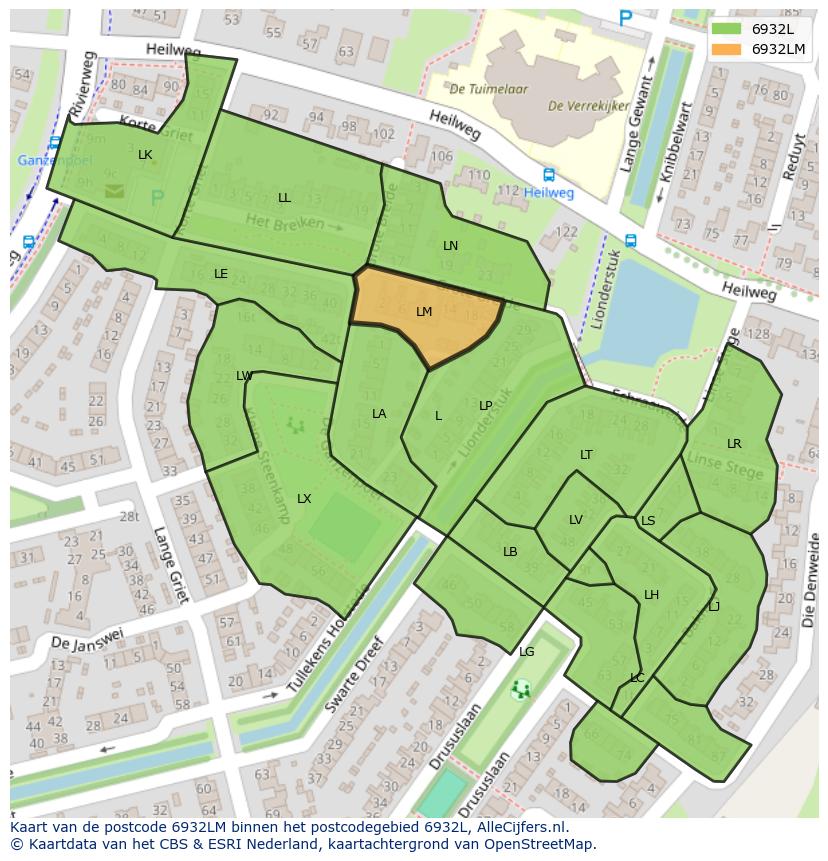 Afbeelding van het postcodegebied 6932 LM op de kaart.