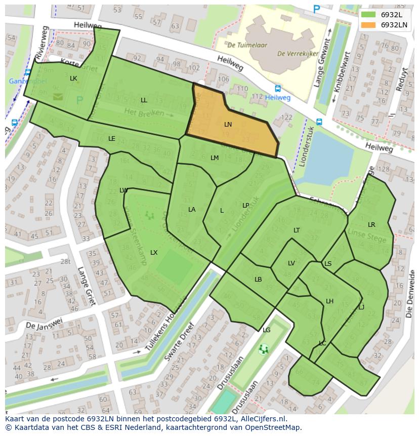 Afbeelding van het postcodegebied 6932 LN op de kaart.