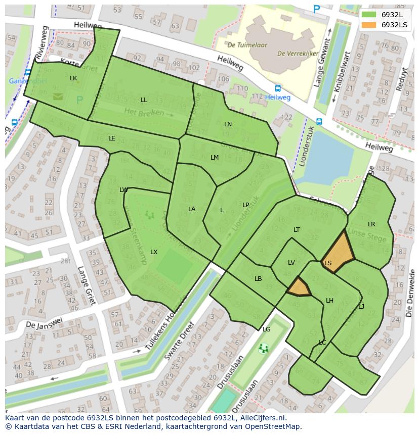 Afbeelding van het postcodegebied 6932 LS op de kaart.