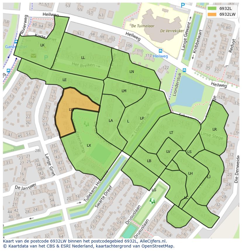 Afbeelding van het postcodegebied 6932 LW op de kaart.