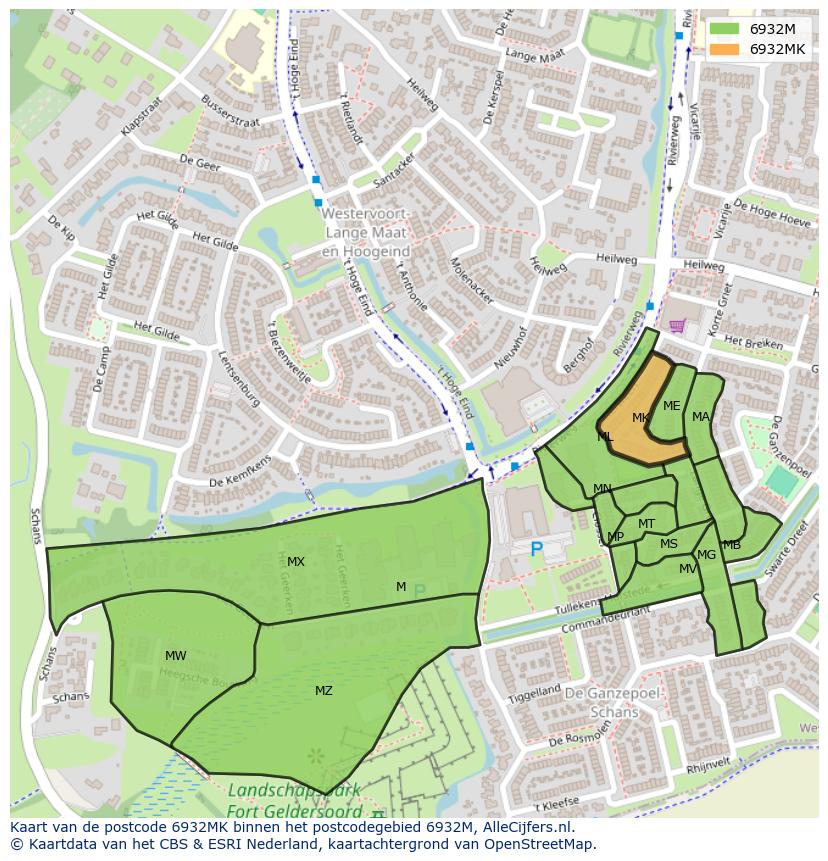 Afbeelding van het postcodegebied 6932 MK op de kaart.