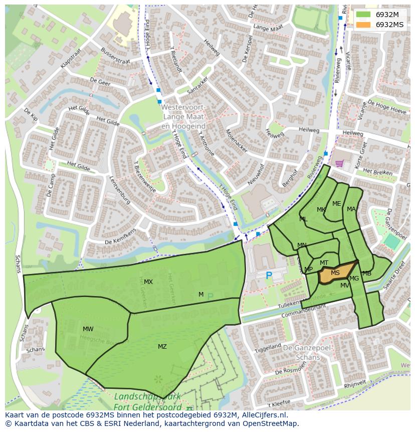 Afbeelding van het postcodegebied 6932 MS op de kaart.
