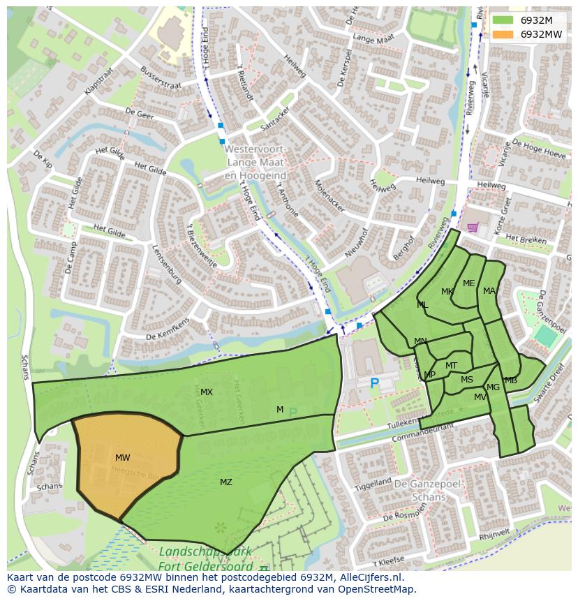 Afbeelding van het postcodegebied 6932 MW op de kaart.