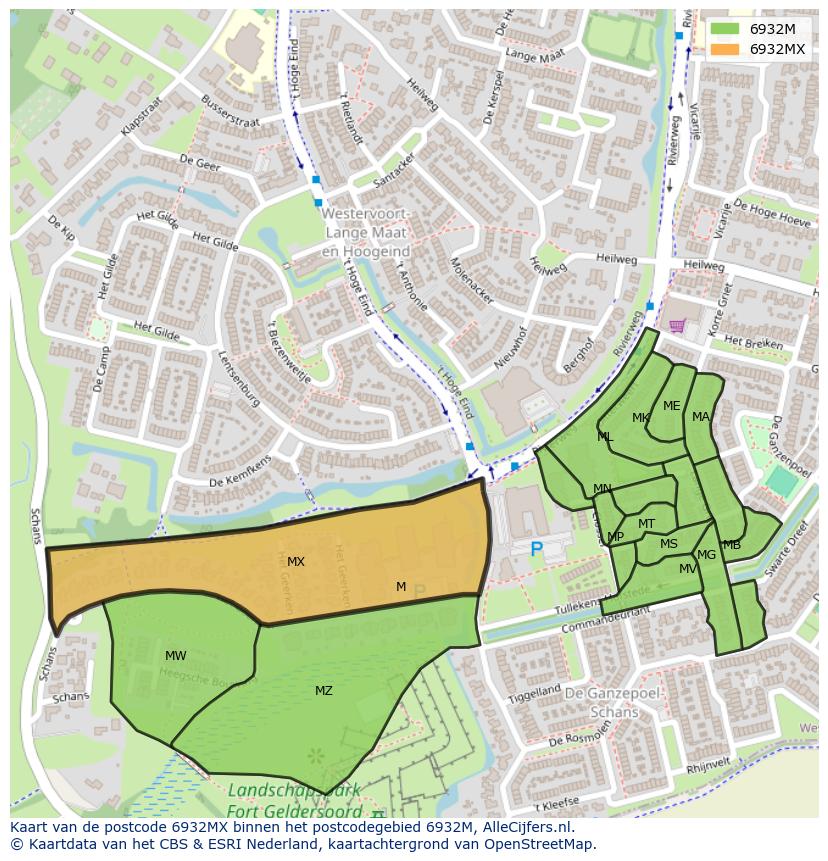 Afbeelding van het postcodegebied 6932 MX op de kaart.