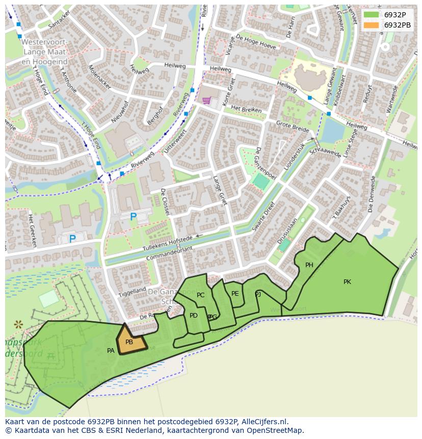 Afbeelding van het postcodegebied 6932 PB op de kaart.