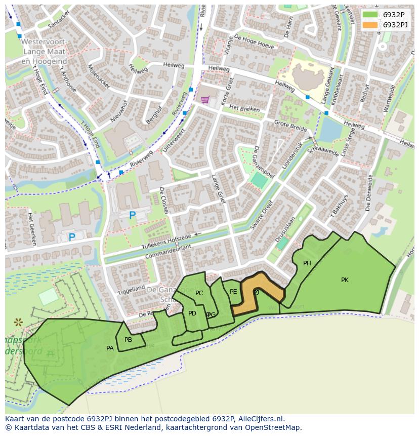 Afbeelding van het postcodegebied 6932 PJ op de kaart.