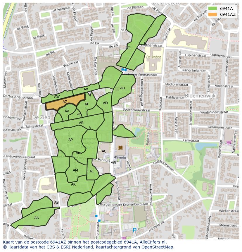 Afbeelding van het postcodegebied 6941 AZ op de kaart.