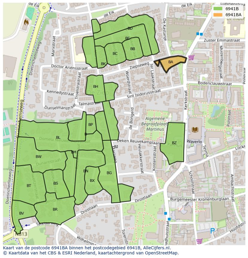 Afbeelding van het postcodegebied 6941 BA op de kaart.