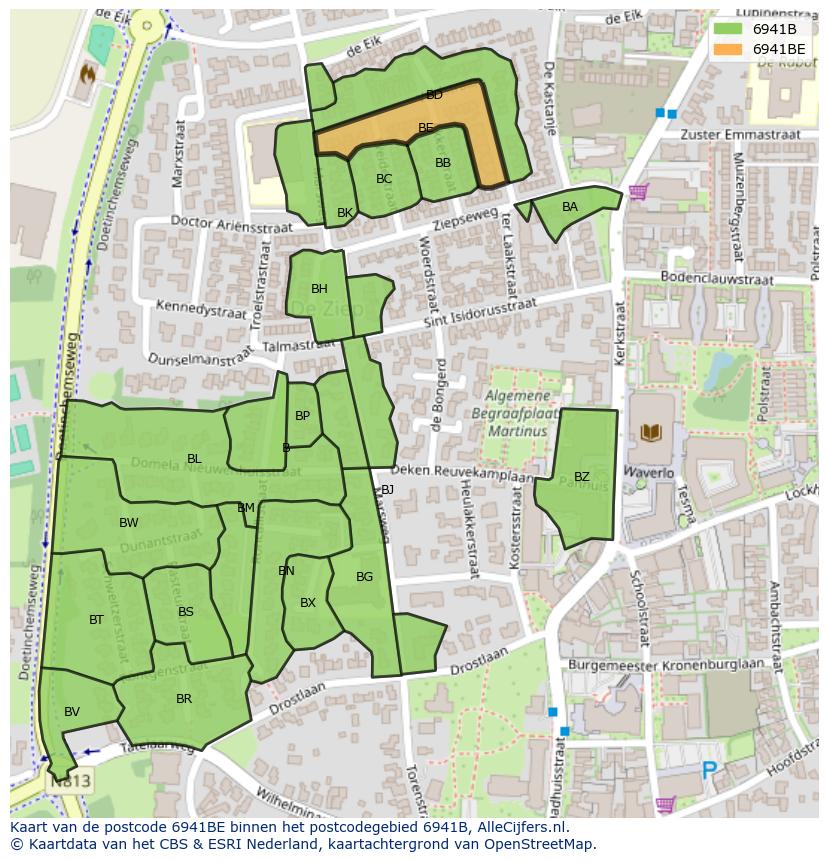 Afbeelding van het postcodegebied 6941 BE op de kaart.