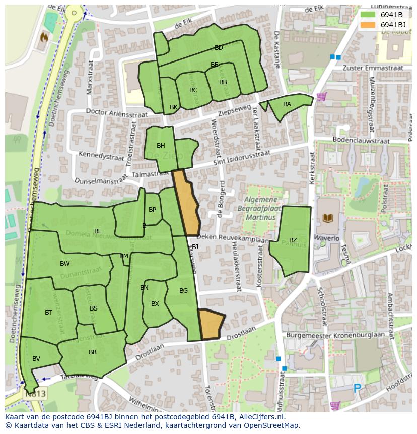 Afbeelding van het postcodegebied 6941 BJ op de kaart.
