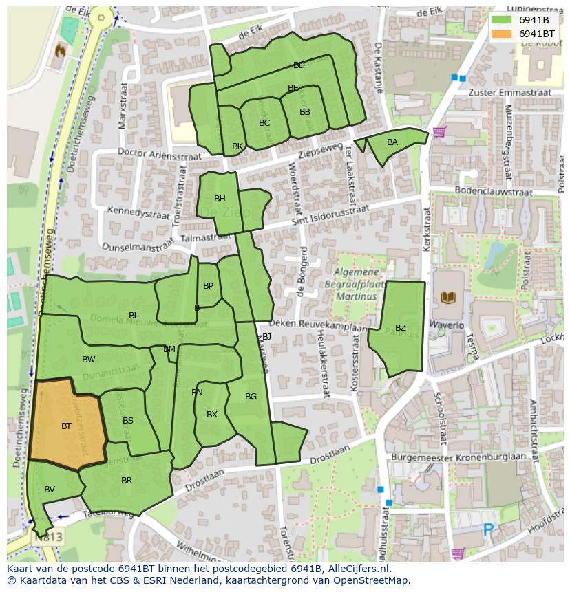 Afbeelding van het postcodegebied 6941 BT op de kaart.