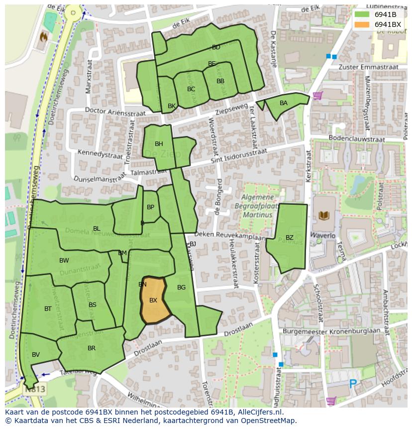Afbeelding van het postcodegebied 6941 BX op de kaart.