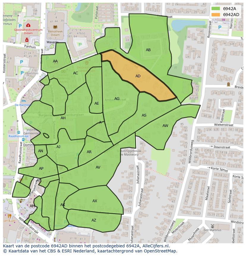 Afbeelding van het postcodegebied 6942 AD op de kaart.