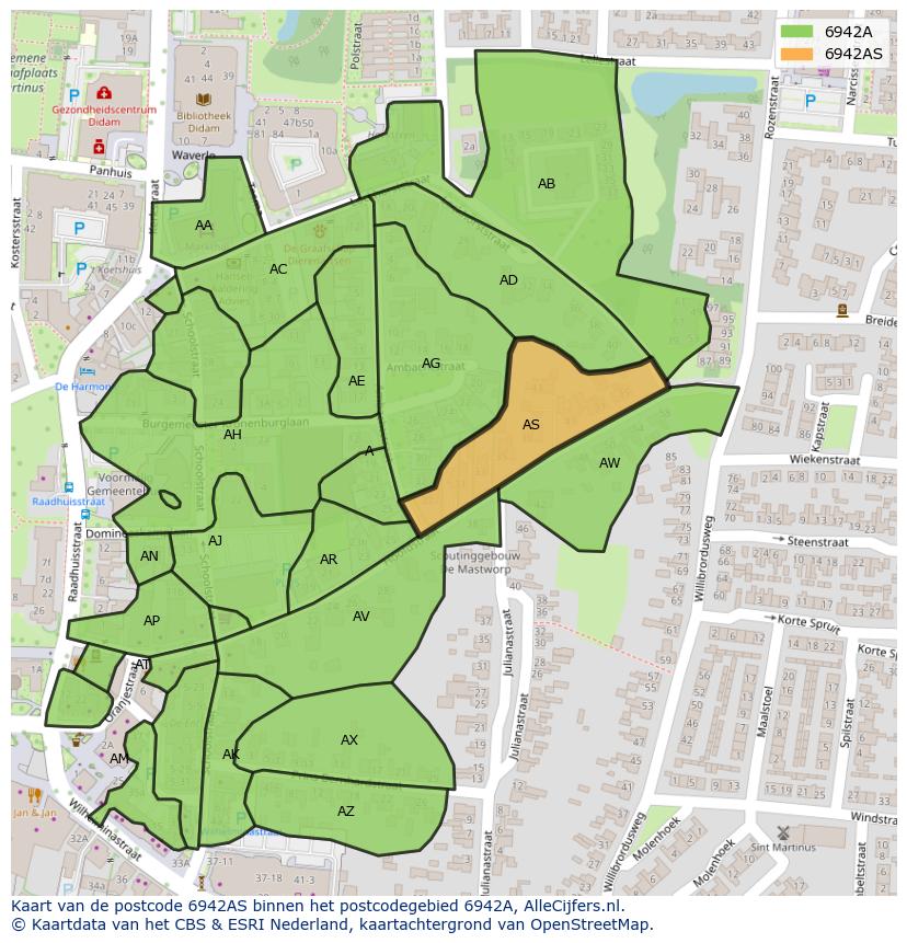 Afbeelding van het postcodegebied 6942 AS op de kaart.