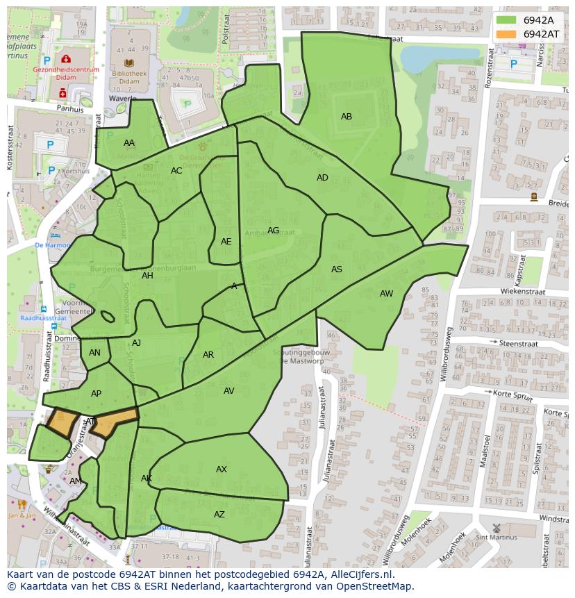 Afbeelding van het postcodegebied 6942 AT op de kaart.