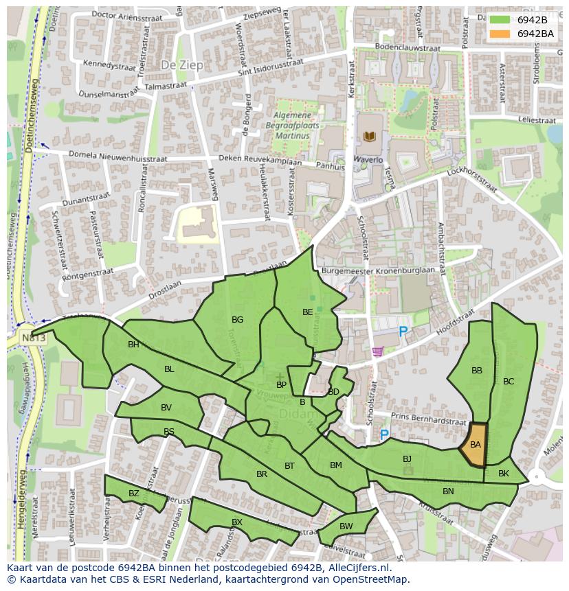 Afbeelding van het postcodegebied 6942 BA op de kaart.
