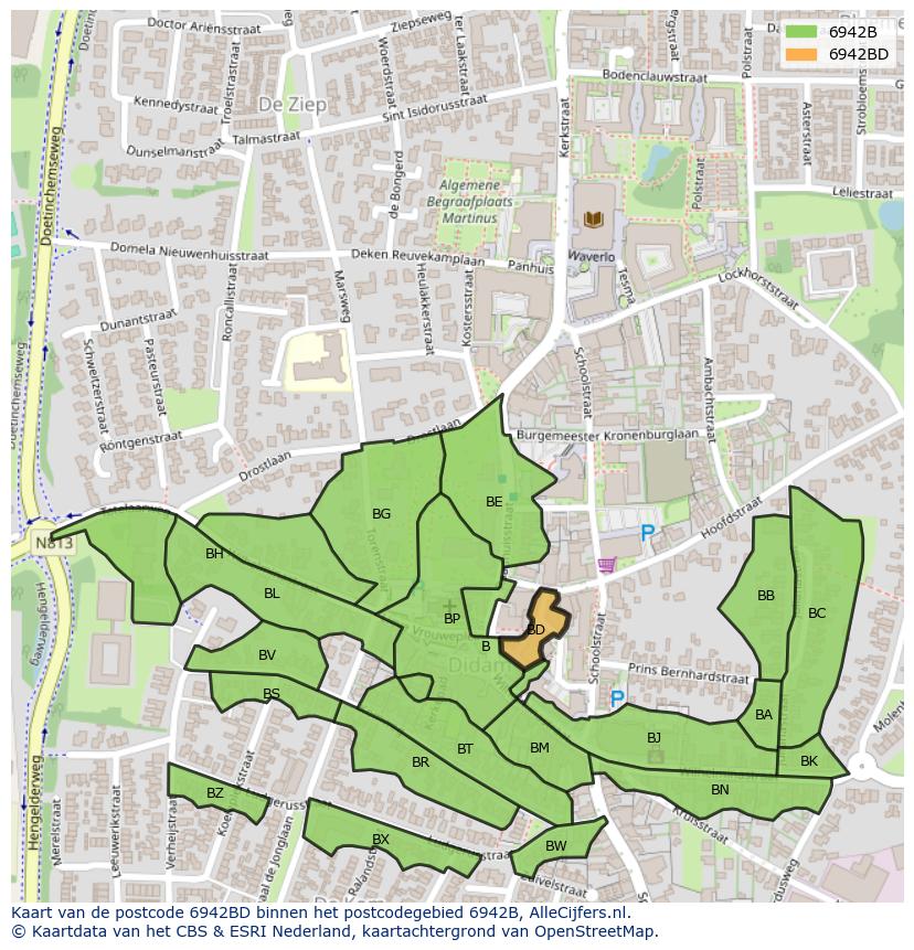 Afbeelding van het postcodegebied 6942 BD op de kaart.
