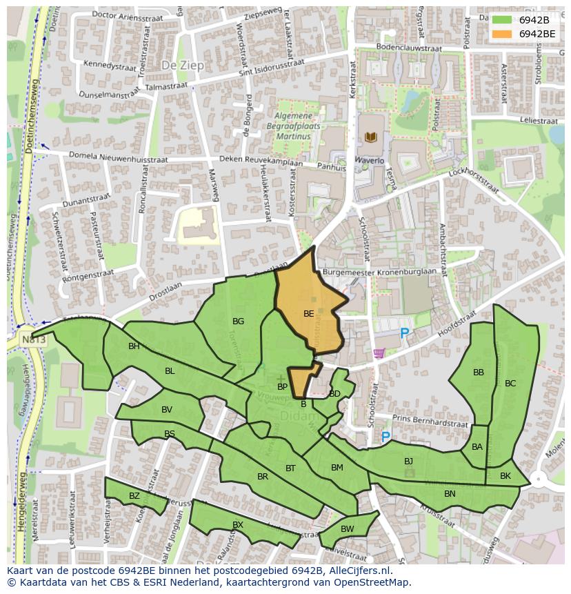 Afbeelding van het postcodegebied 6942 BE op de kaart.