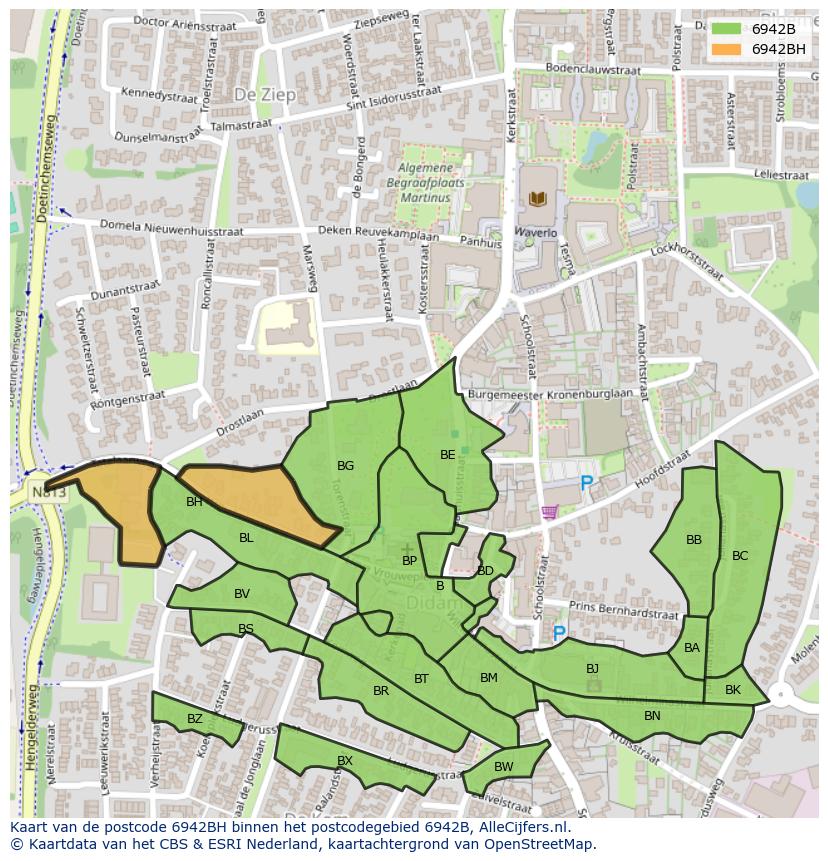 Afbeelding van het postcodegebied 6942 BH op de kaart.