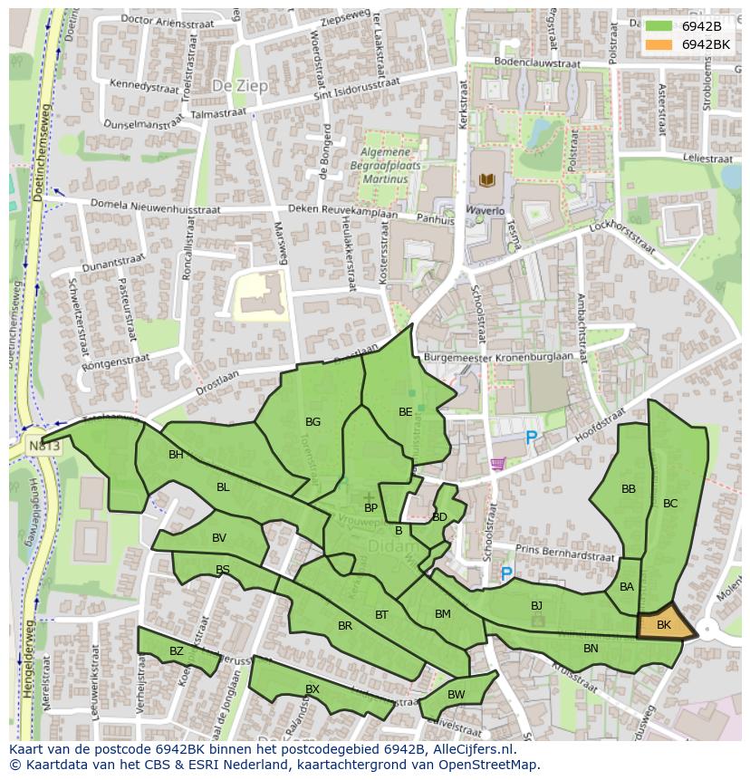 Afbeelding van het postcodegebied 6942 BK op de kaart.