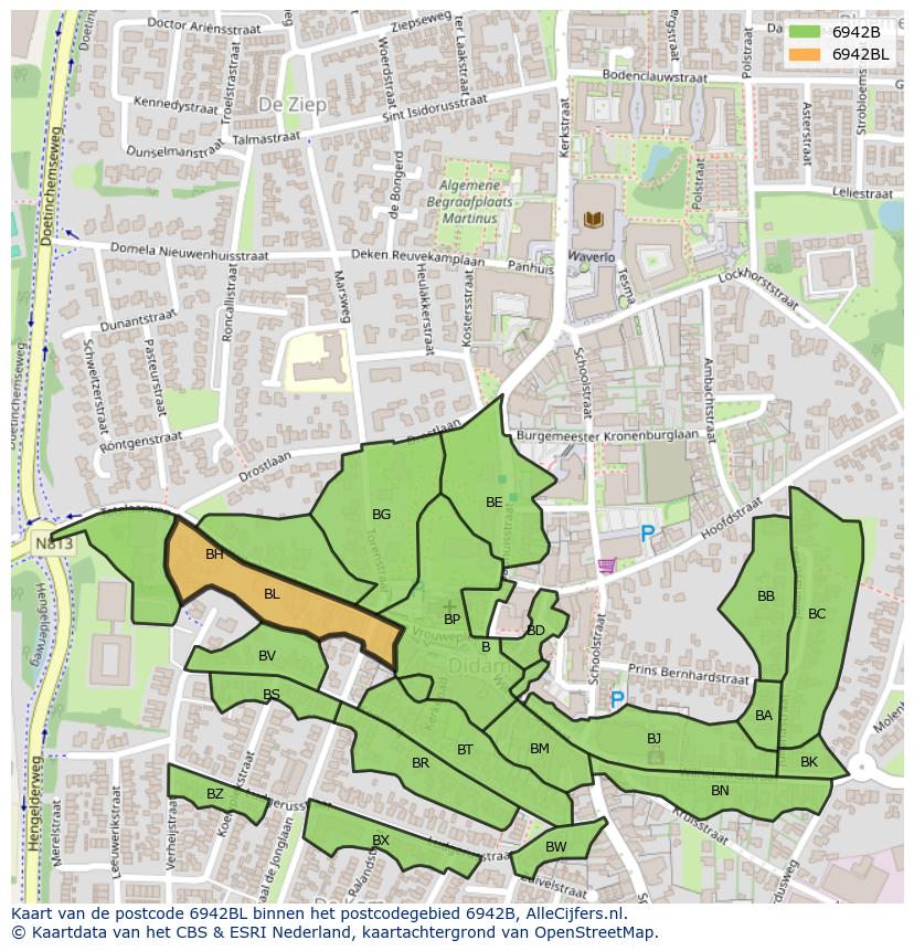 Afbeelding van het postcodegebied 6942 BL op de kaart.