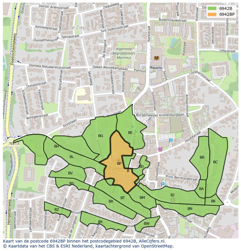 Afbeelding van het postcodegebied 6942 BP op de kaart.