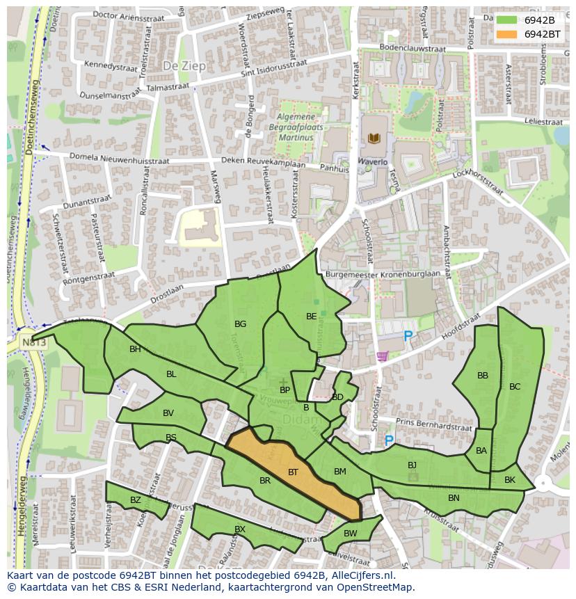 Afbeelding van het postcodegebied 6942 BT op de kaart.