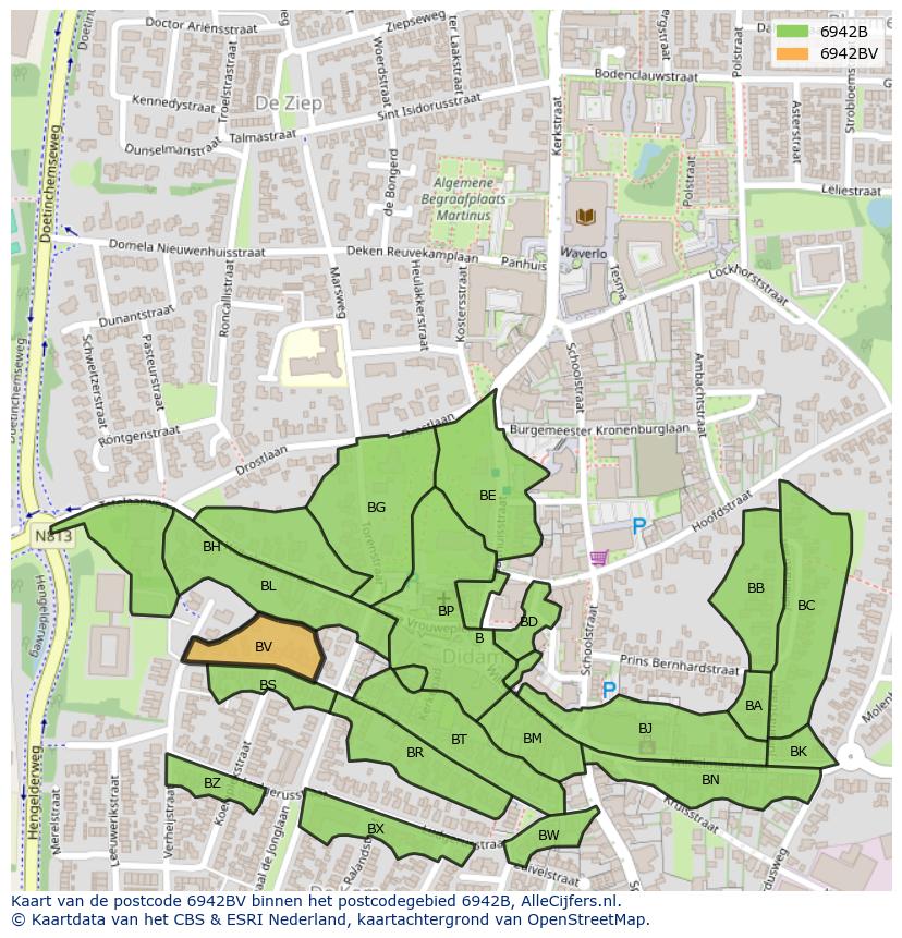 Afbeelding van het postcodegebied 6942 BV op de kaart.