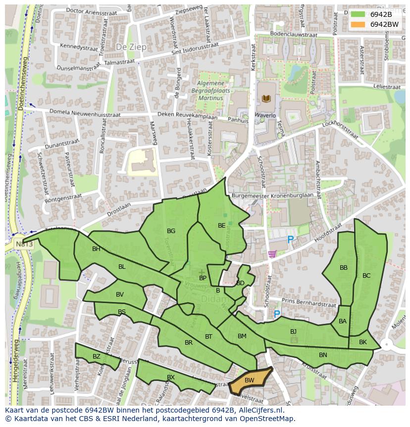 Afbeelding van het postcodegebied 6942 BW op de kaart.