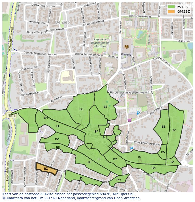 Afbeelding van het postcodegebied 6942 BZ op de kaart.