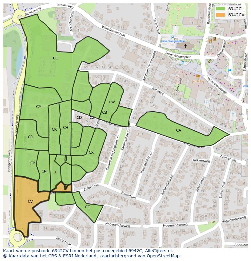 Afbeelding van het postcodegebied 6942 CV op de kaart.