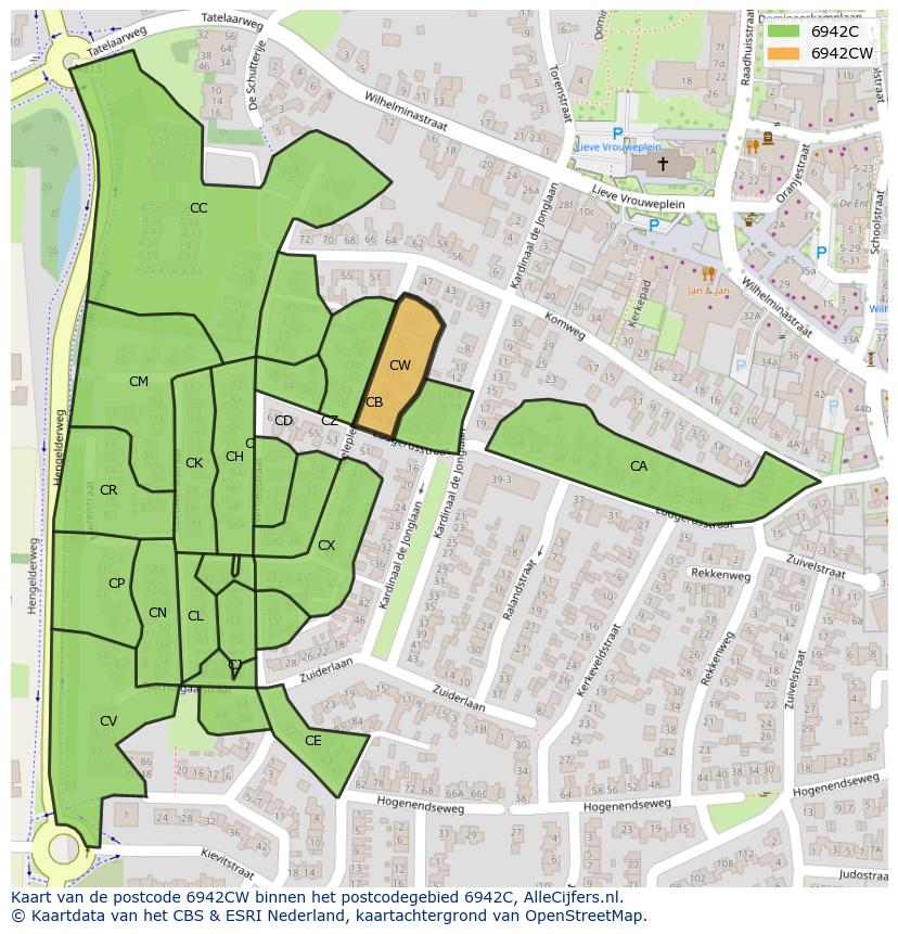 Afbeelding van het postcodegebied 6942 CW op de kaart.