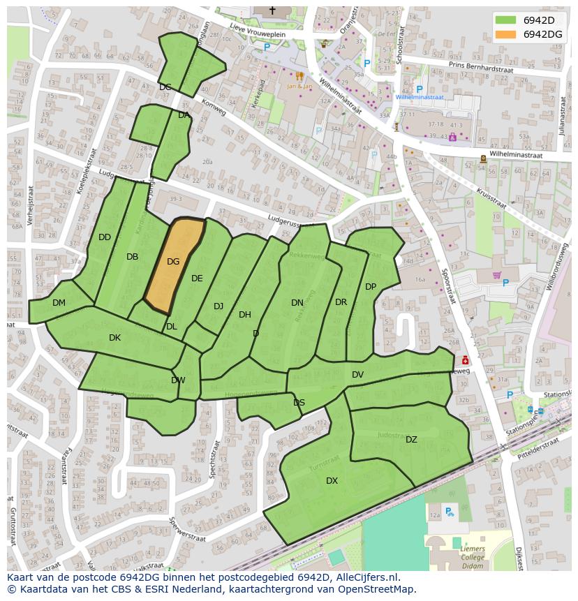 Afbeelding van het postcodegebied 6942 DG op de kaart.