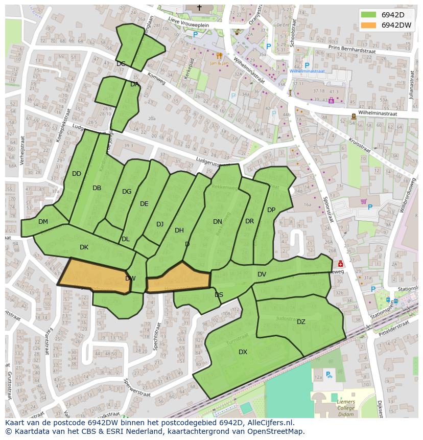 Afbeelding van het postcodegebied 6942 DW op de kaart.