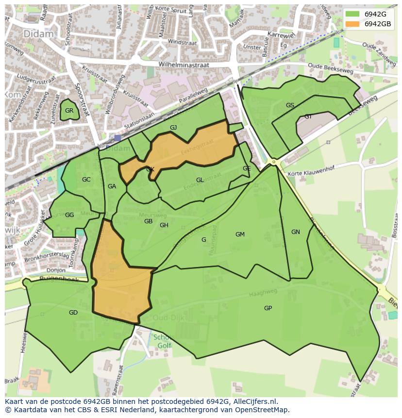 Afbeelding van het postcodegebied 6942 GB op de kaart.