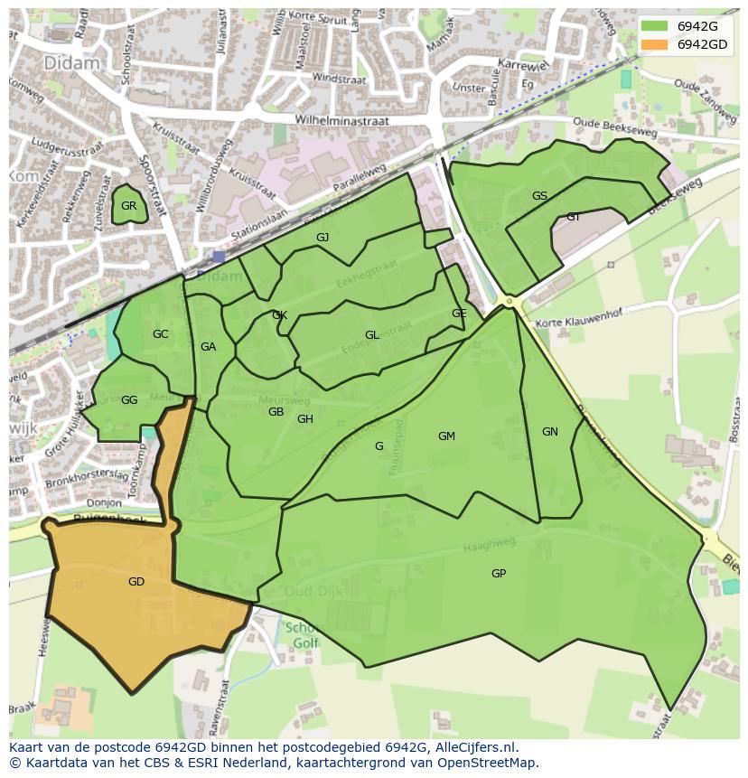 Afbeelding van het postcodegebied 6942 GD op de kaart.