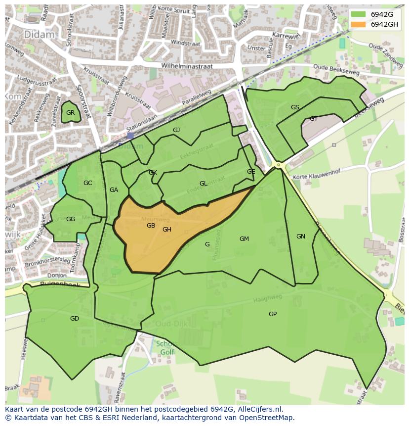 Afbeelding van het postcodegebied 6942 GH op de kaart.