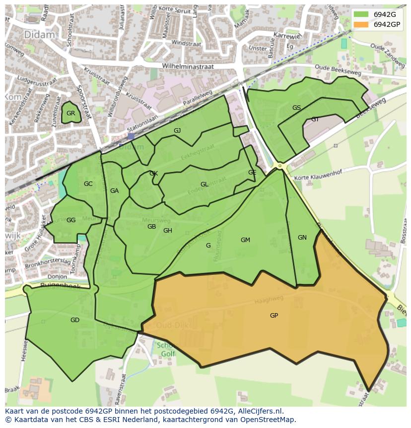 Afbeelding van het postcodegebied 6942 GP op de kaart.