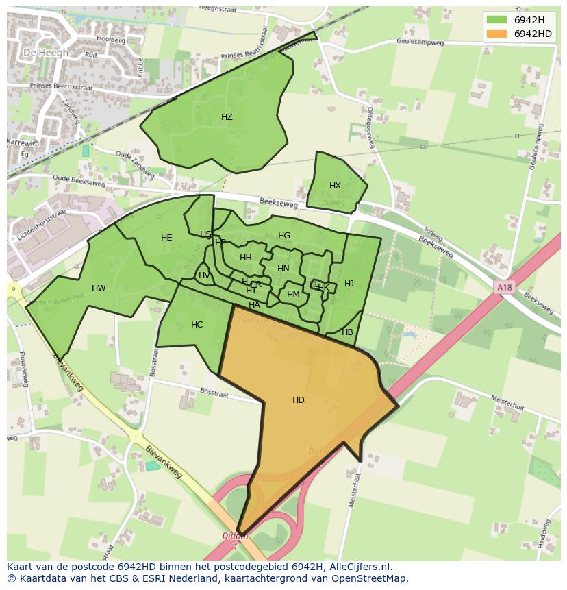 Afbeelding van het postcodegebied 6942 HD op de kaart.