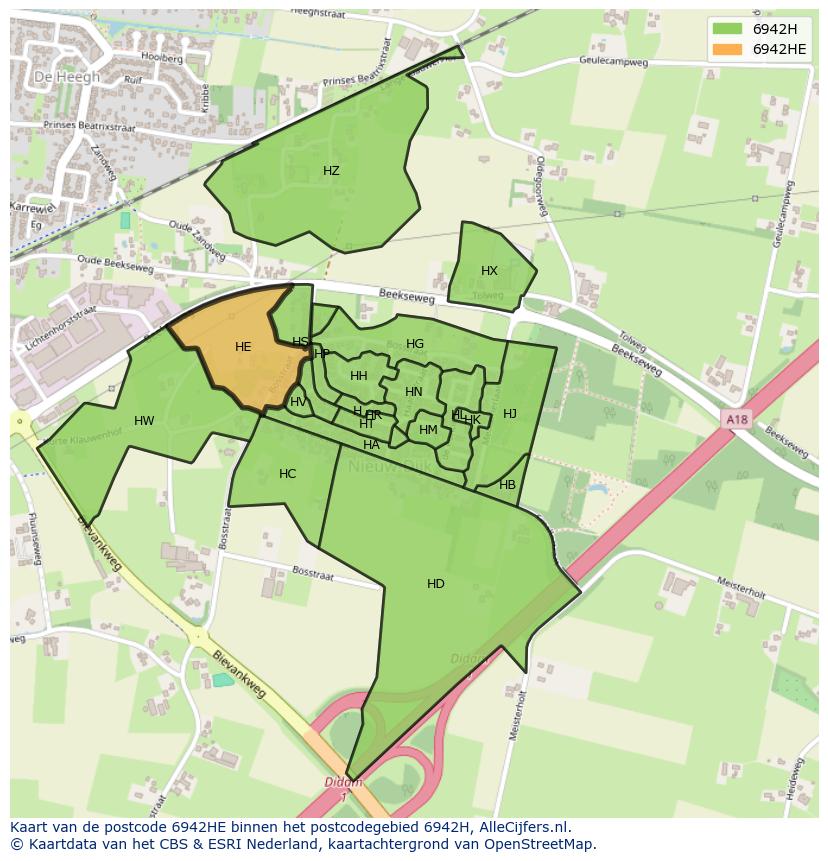Afbeelding van het postcodegebied 6942 HE op de kaart.
