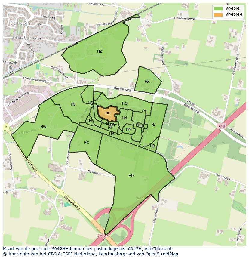 Afbeelding van het postcodegebied 6942 HH op de kaart.