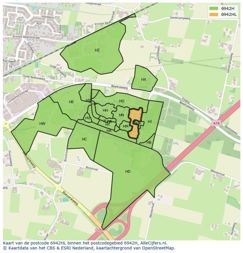 Afbeelding van het postcodegebied 6942 HL op de kaart.