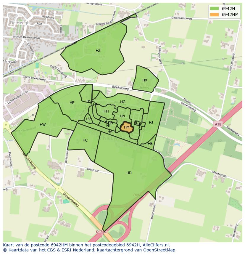 Afbeelding van het postcodegebied 6942 HM op de kaart.