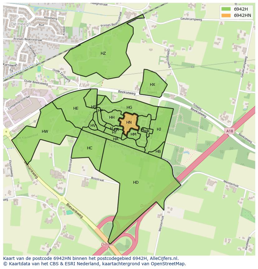 Afbeelding van het postcodegebied 6942 HN op de kaart.
