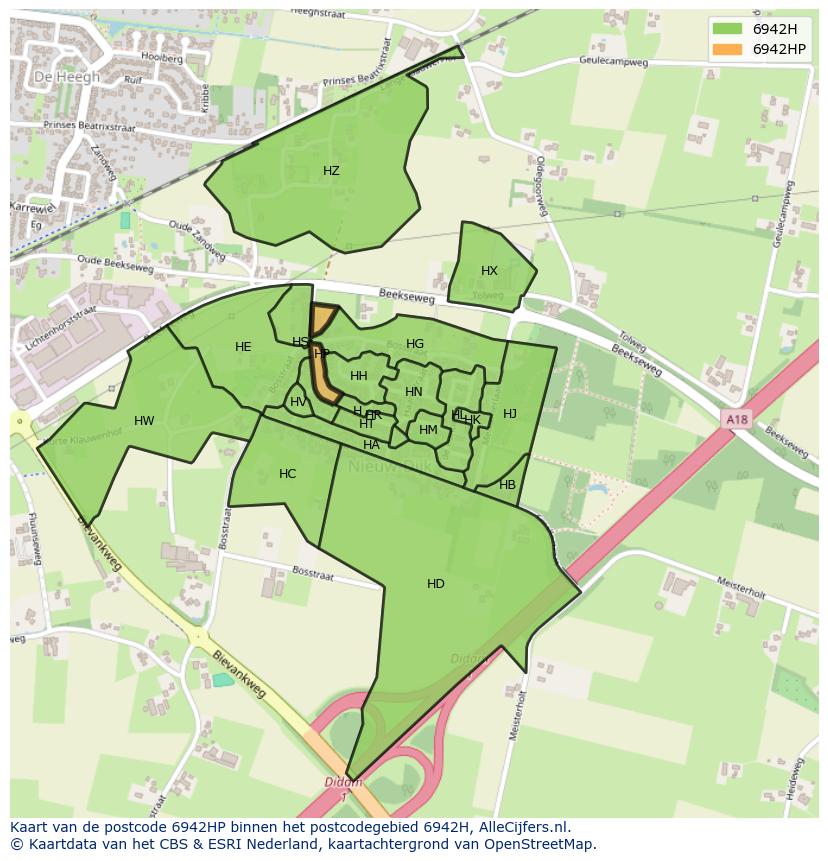Afbeelding van het postcodegebied 6942 HP op de kaart.