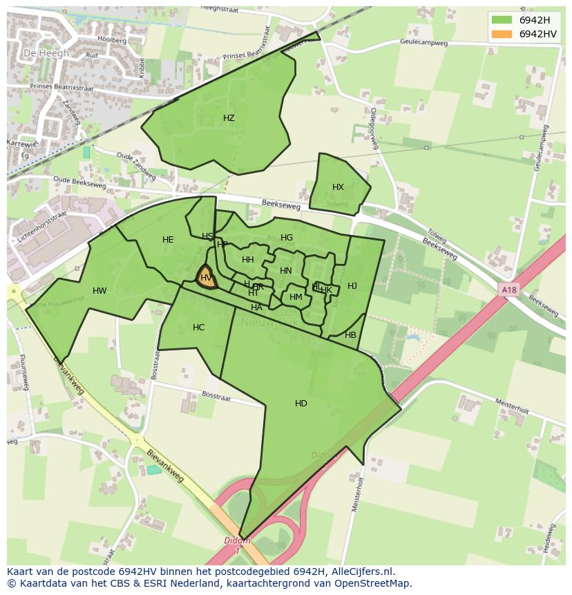 Afbeelding van het postcodegebied 6942 HV op de kaart.