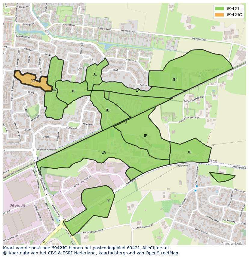 Afbeelding van het postcodegebied 6942 JG op de kaart.